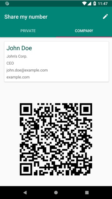 Example screenshot of Share my number app. Tabs on top showing profiles Private and Company, with Company selected. Details of person John Doe are listed that include the company name, the role, email address and homepage. Below that is a generated QR-code  that contains this information. On top a pencil icon can be pressed to edit the profiles.