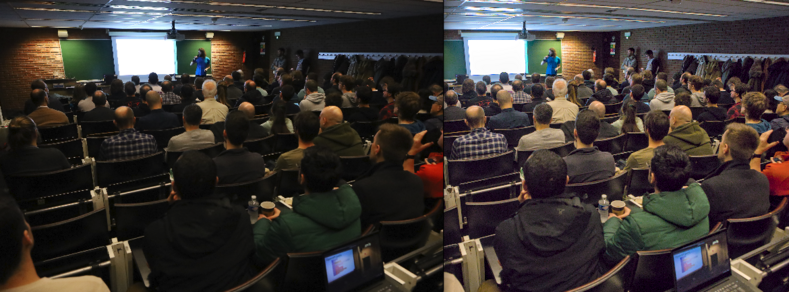 Photo of Energy devroom with audience. In-camera left with high contrast, more readable result showing the room using Darktable on the right.