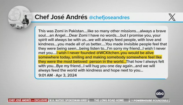 Chef José Andrés @chefjoseandres

This was Zomi in Pakistan....like so many other missions....always a brave soul....an Angel....Dear Zomi I have no words....but I promise you, your spirit will always be with us...we will always feed people, with love and kindness....you made all of us better.....You made invisible people feel that they were being seen...being listen to...I'm sorry my friend...I wish I never met you....I wish I never founded @WCKitchen..you would be alive somewhere today, smili…