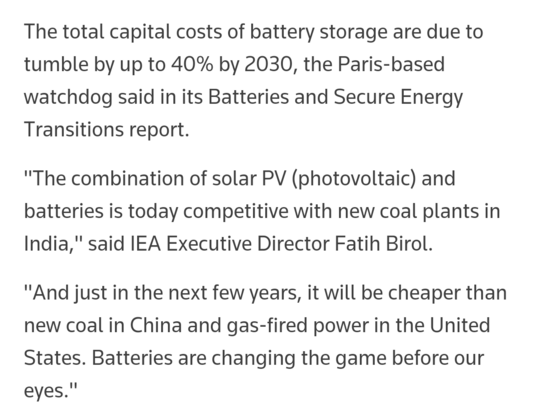 The total capital costs of battery storage are due to tumble by up to 40% by 2030, the Paris-based watchdog said in its Batteries and Secure Energy Transitions report.
"The combination of solar PV (photovoltaic) and batteries is today competitive with new coal plants in India," said IEA Executive Director Fatih Birol.
"And just in the next few years, it will be cheaper than new coal in China and gas-fired power in the United States. Batteries are changing the game before our eyes."