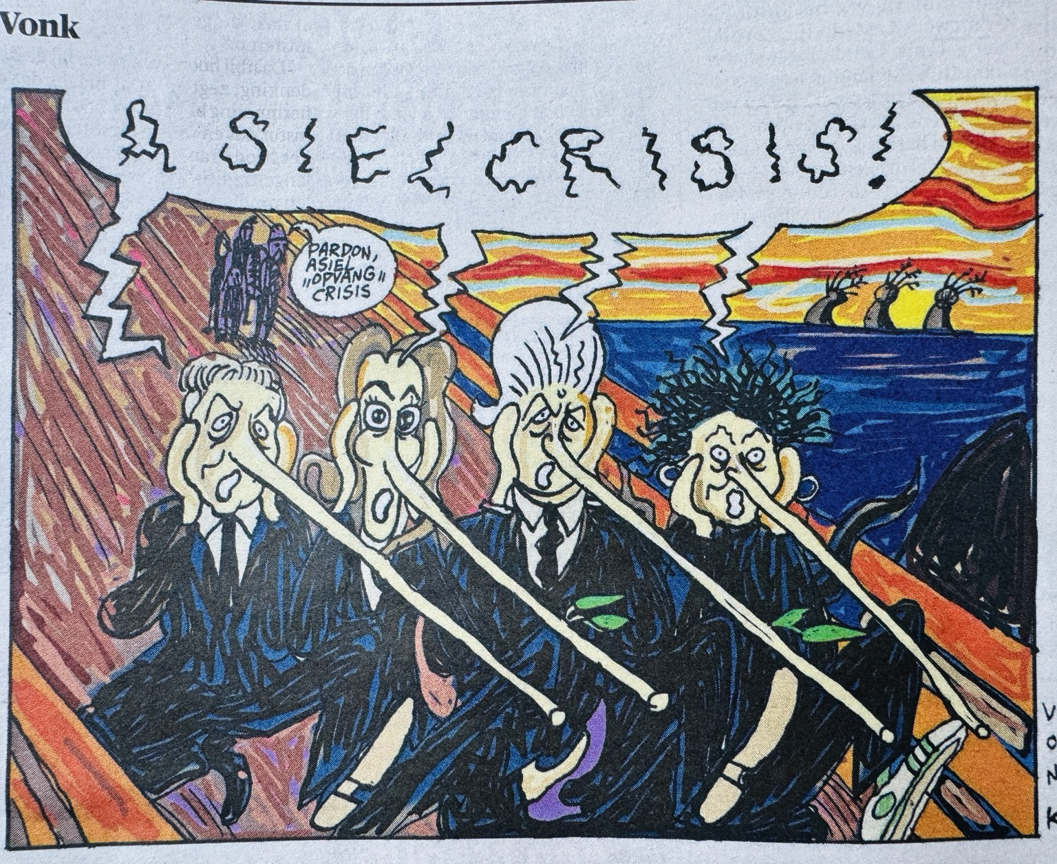 Vonk plaatst Wilders, Omtzigt, Yesilgöz en van der Plas in het schilderij „De Schreeuw“ van Edvard Munch. Ze rennen, „ASIELCRISIS“ schreeuwend, met Pinocchio-neuzen voor de waarheid weg: op de achtergrond durft iemand zachtjes „Pardon, <br />asiel“opvang“crisis“ op te merken.