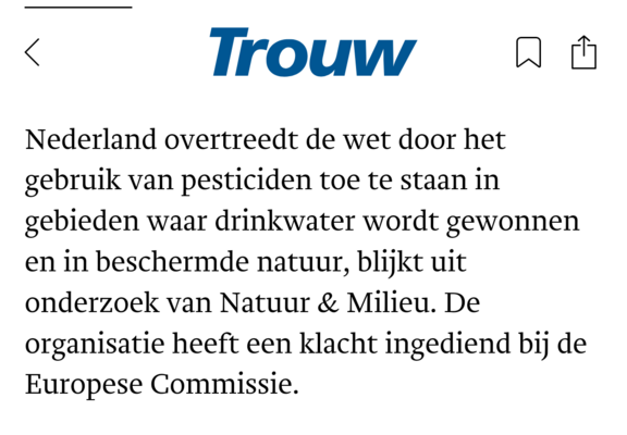 Nederland overtreedt de wet door het gebruik van pesticiden toe te staan in gebieden waar drinkwater wordt gewonnen en in beschermde natuur, blijkt uit onderzoek van Natuur & Milieu. De organisatie heeft een klacht ingediend bij de Europese Commissie.