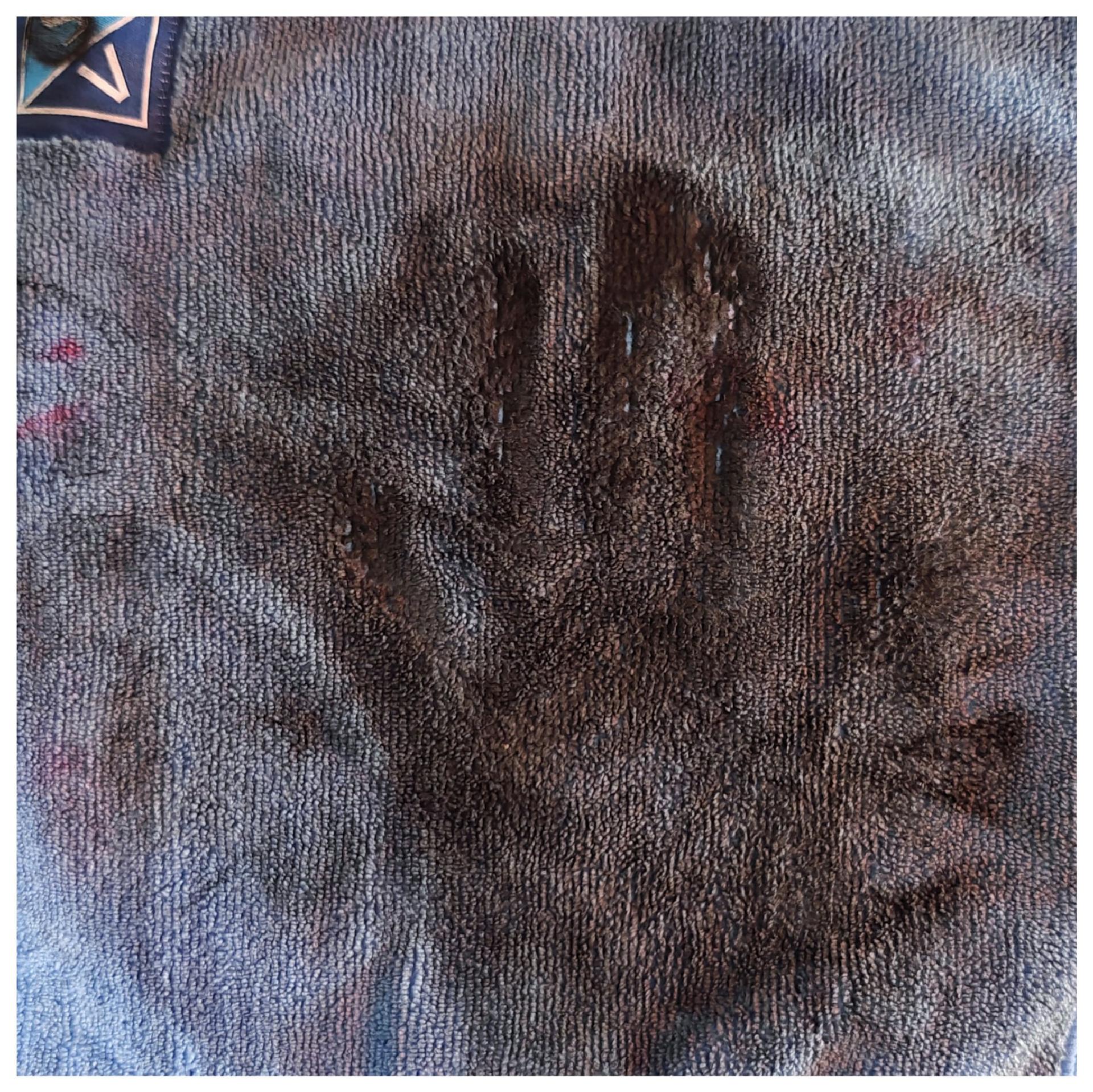 A photo of a dark handprint that is visible on a textured fabric surface, with a triangular blue label in the corner.