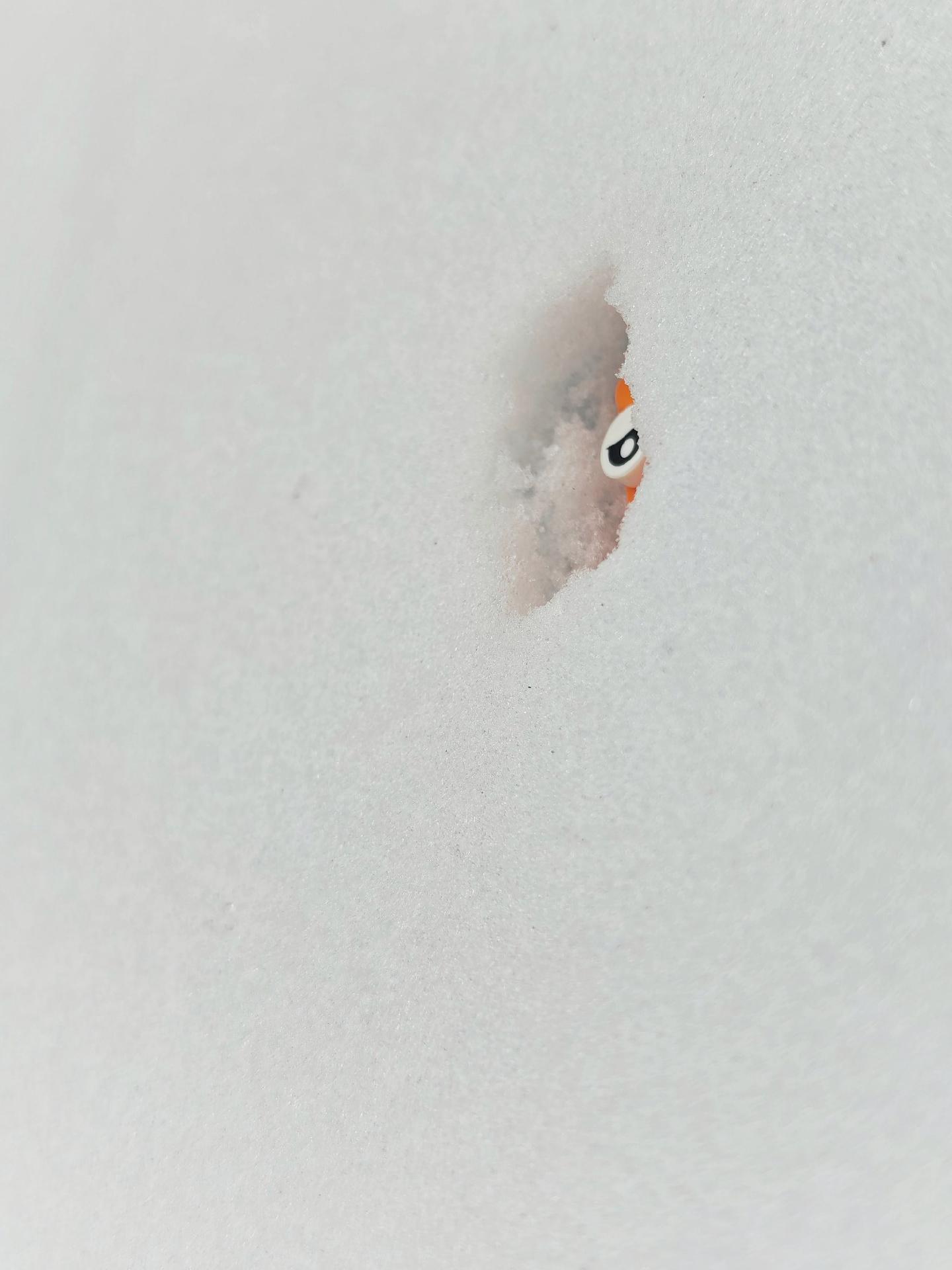 A photo showing a vertical smooth snow surface with a small opening revealing part of an orange LEGO brick with a printed eye underneath.