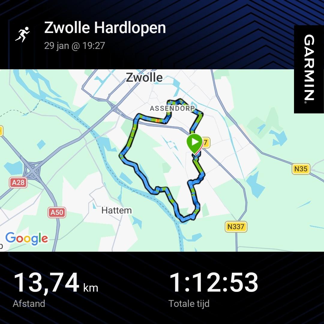 gelopen route door Zwolle uit de Garmin app.
13,74 km in 1 uur 12 en 53 seconden