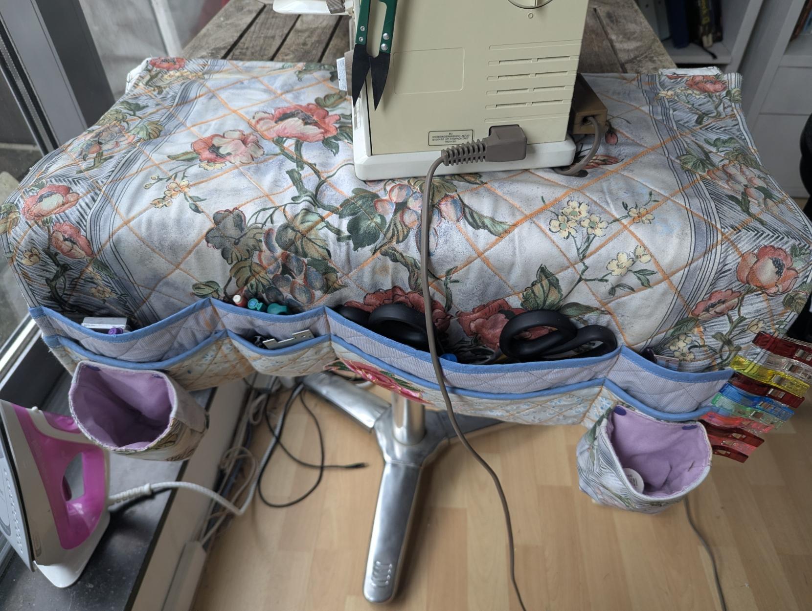 A top view of the sewing station, showing more tools