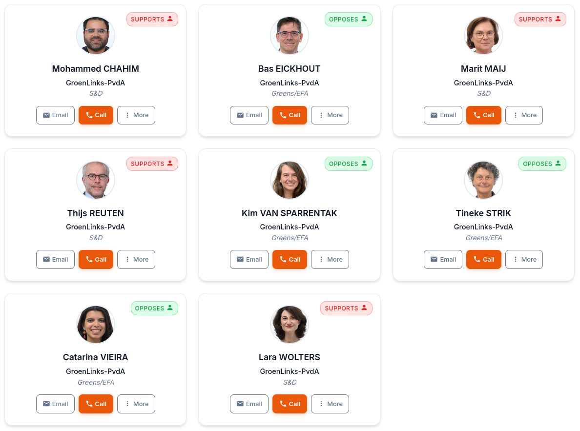 Europarlementariërs vanuit GroenLinks-PvdA, waar het PvdA-deel ook voorstanders zijn voor privacyschendende chatcontrole. Overzicht van https://fightchatcontrol.eu/