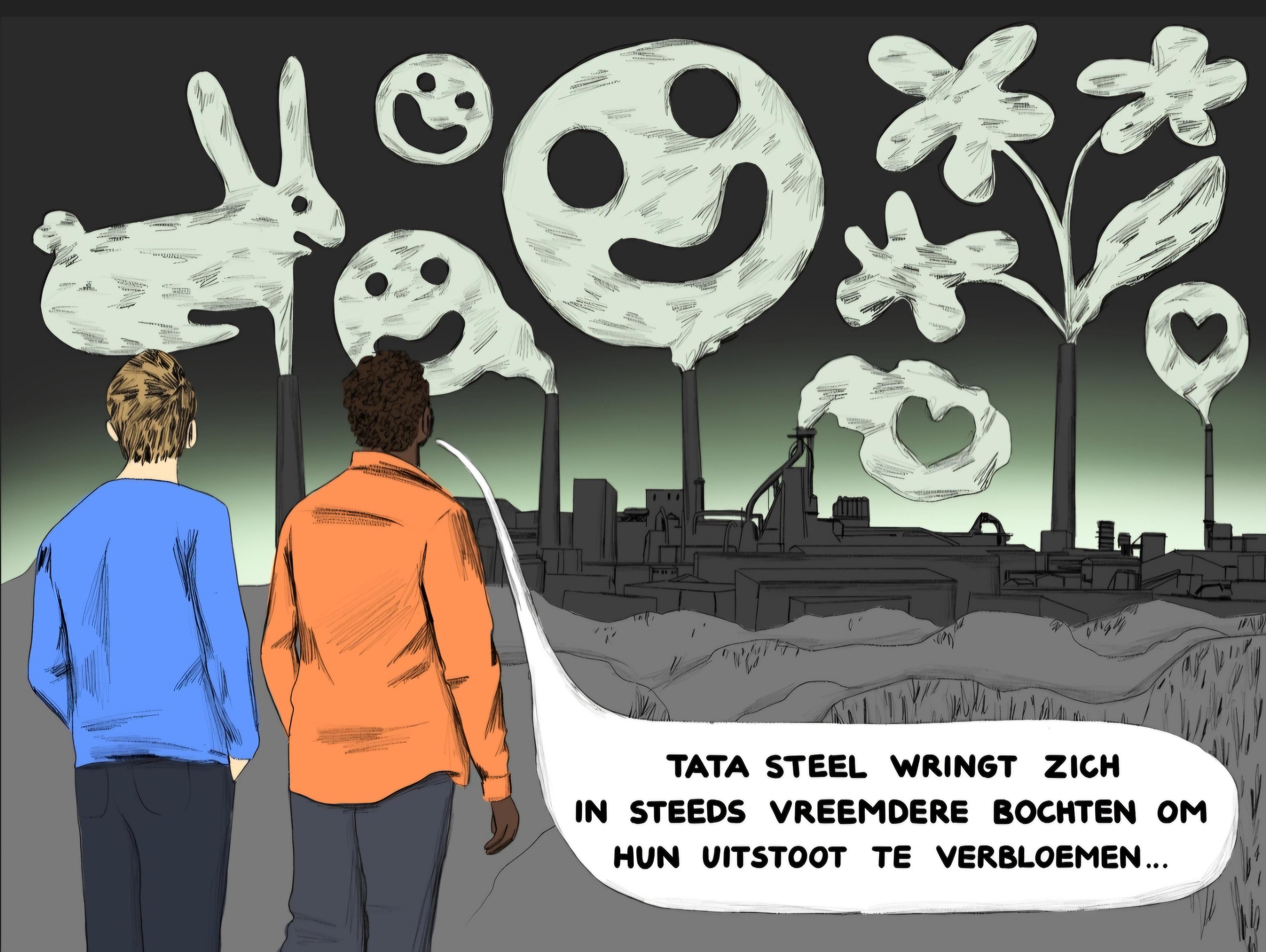Twee mensen kijken naar de donkere contouren van hetTatasteel complex. Uit de schoorstenen komen rookpluimen in de vorm van smiley's, bloemen, vogeltjes, een konijn, en een hartje.