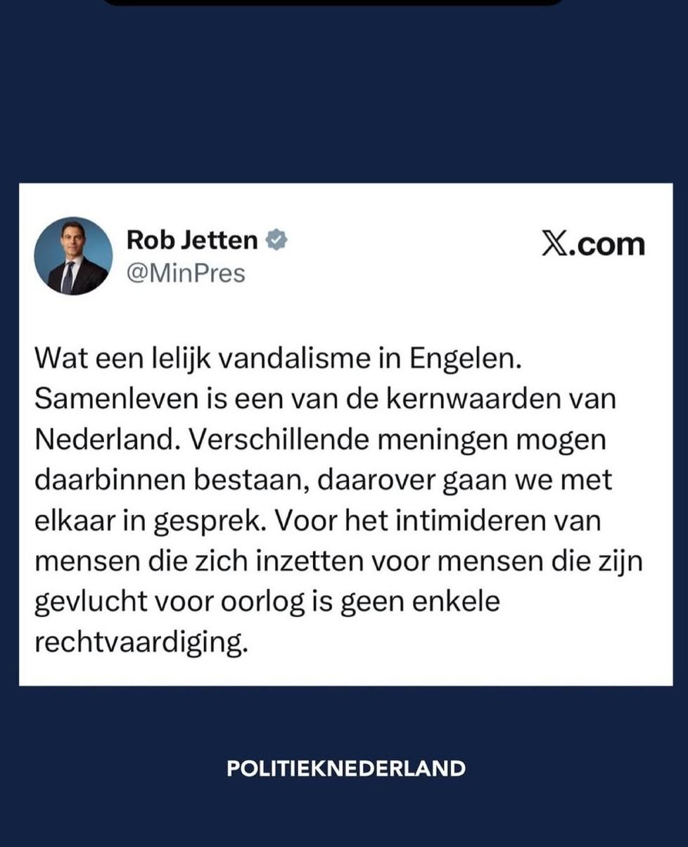 Rob Jetten @MinPres
X.com
Wat een lelijk vandalisme in Engelen. Samenleven is een van de kernwaarden van Nederland. Verschillende meningen mogen daarbinnen bestaan, daarover gaan we met elkaar in gesprek. Voor het intimideren van mensen die zich inzetten voor mensen die zijn gevlucht voor oorlog is geen enkele
rechtvaardiging.
POLITIEKNEDERLAND