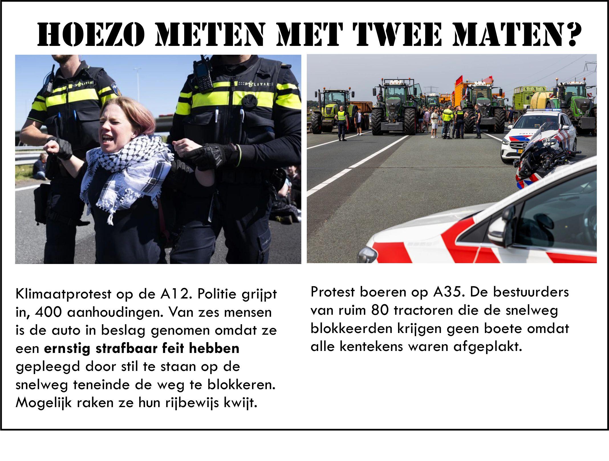 Twee foto's. Links een klimaatactivitist die door de politie wordt afgevoerd vanwege protest op de snelweg. Rechts een foto van protest van boeren met tractoren op de snelweg. Politie staat erbij en grijpt niet in omdat de kentekens zijn afgeplakt.