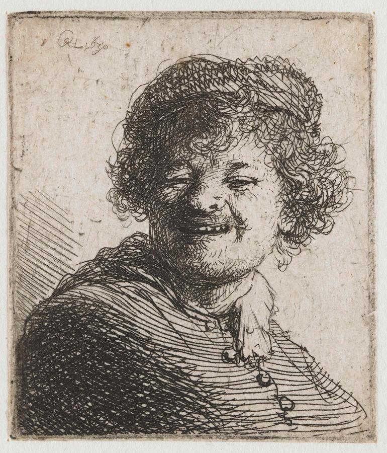 Self-portrait in a cap: laughing,  by Rembrandt van Rijn